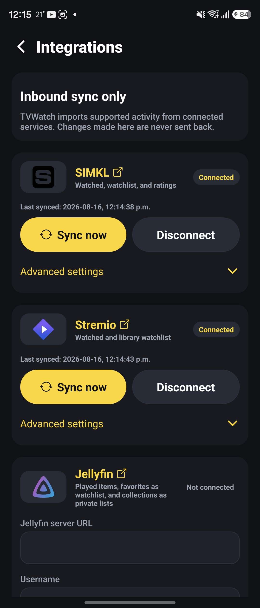 TV Watch Time media integrations screen