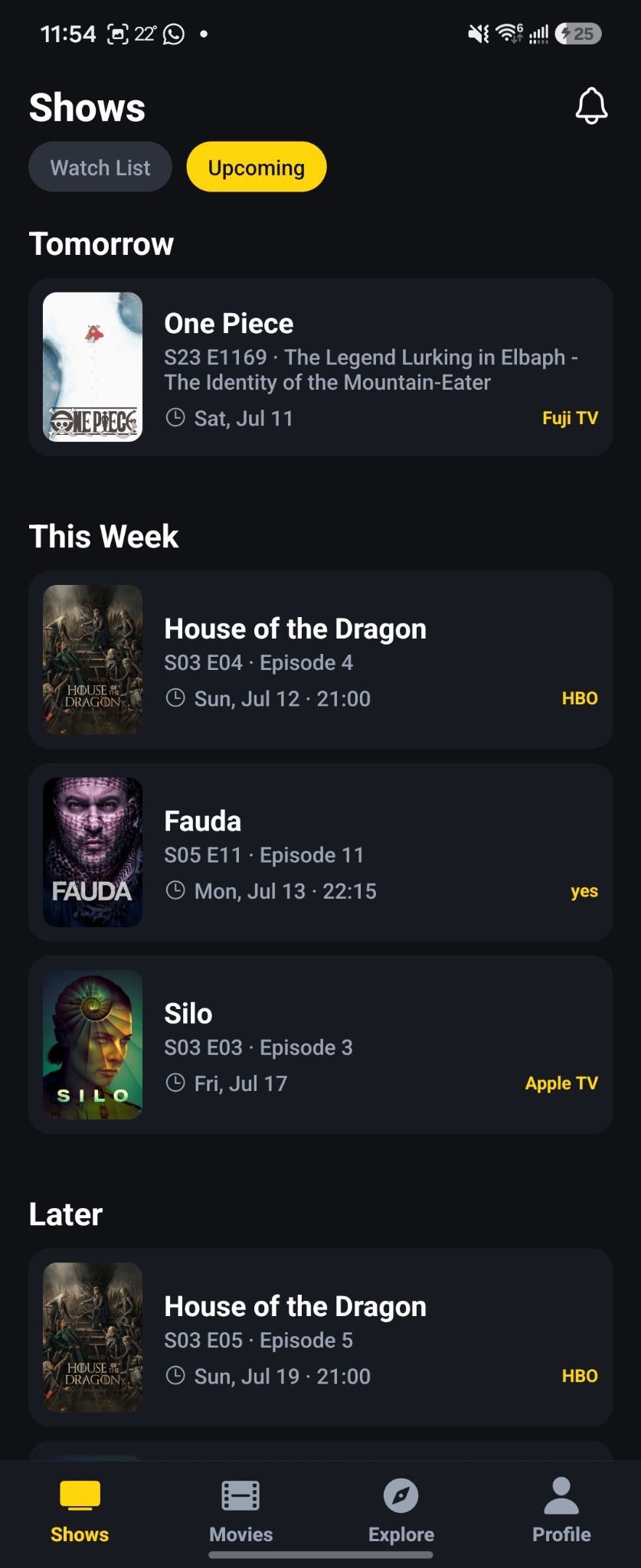 TV Watch Time upcoming releases screen